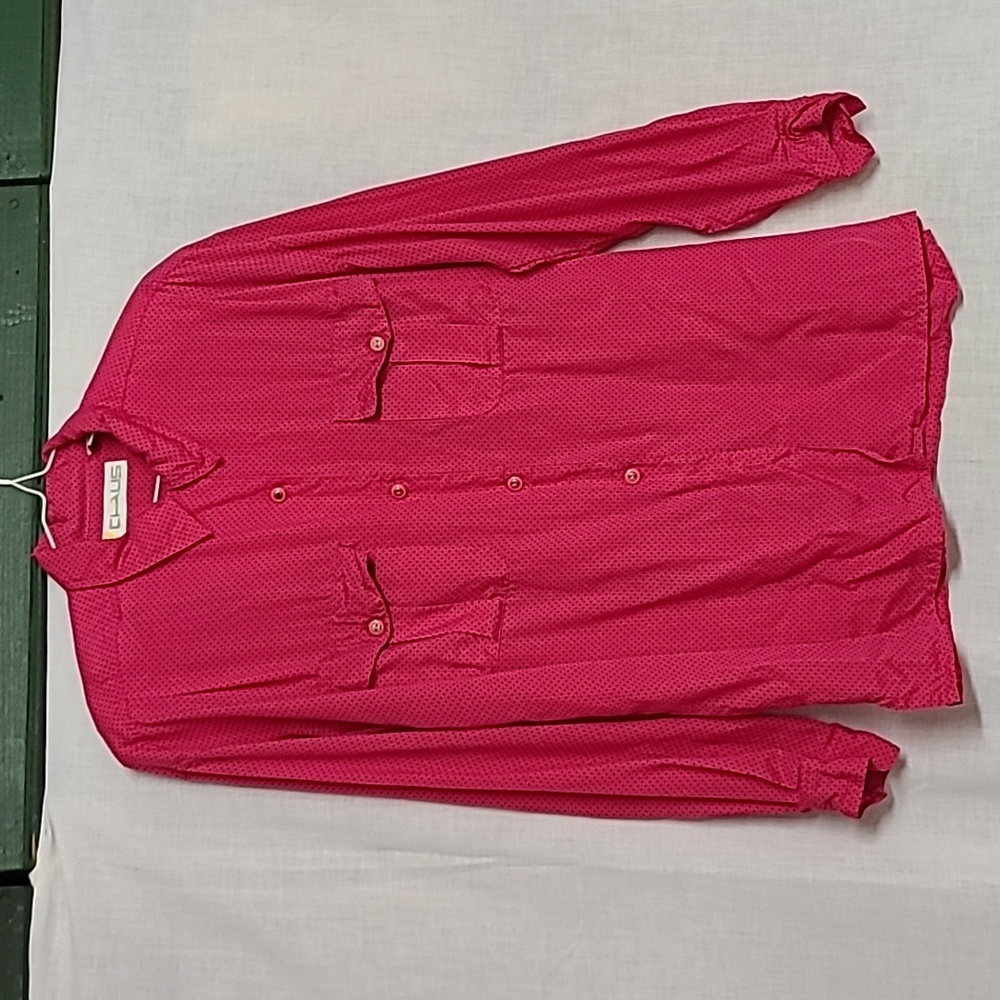 1980s Bright Pink Black Pin Polka Dot Rayon Button Down Collared Shirt Sz M